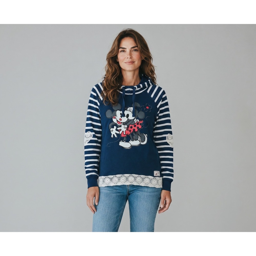 Disney Parks Mickey & Minnie Hoodie Womens‎ Large Lace Hem & Striped Sleeves